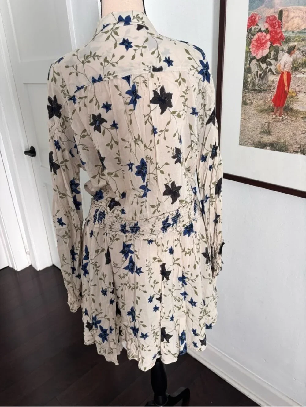 Free People Cream Mini Dress with Blue & Black Floral Print